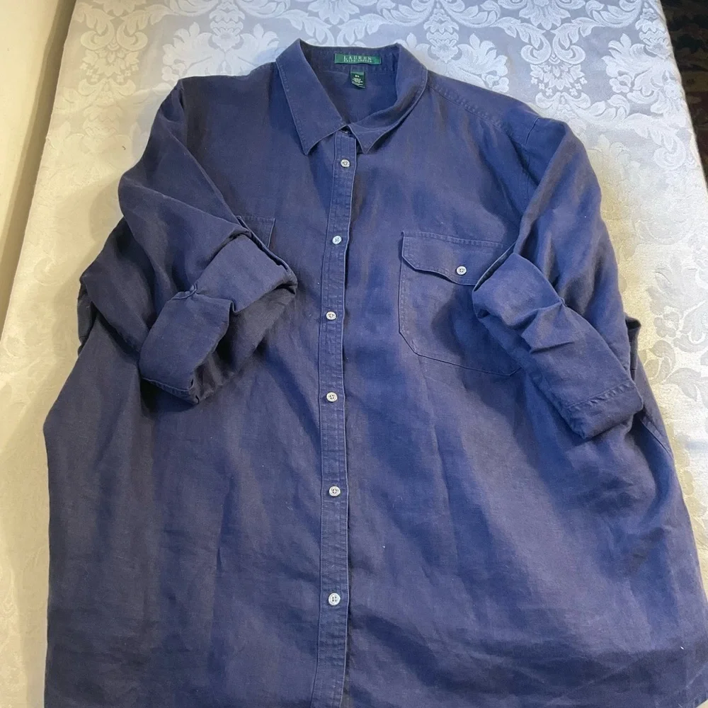 Lauren Ralph Lauren Shirt Womens 3X Navy Linen Button Front Roll Tab Tunic Top - Picture 2 of 6